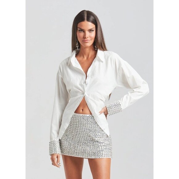 Retrofete Katie Rhinestone Cuff Button Up Shirt White Silver Womens Size XS - Picture 2 of 13